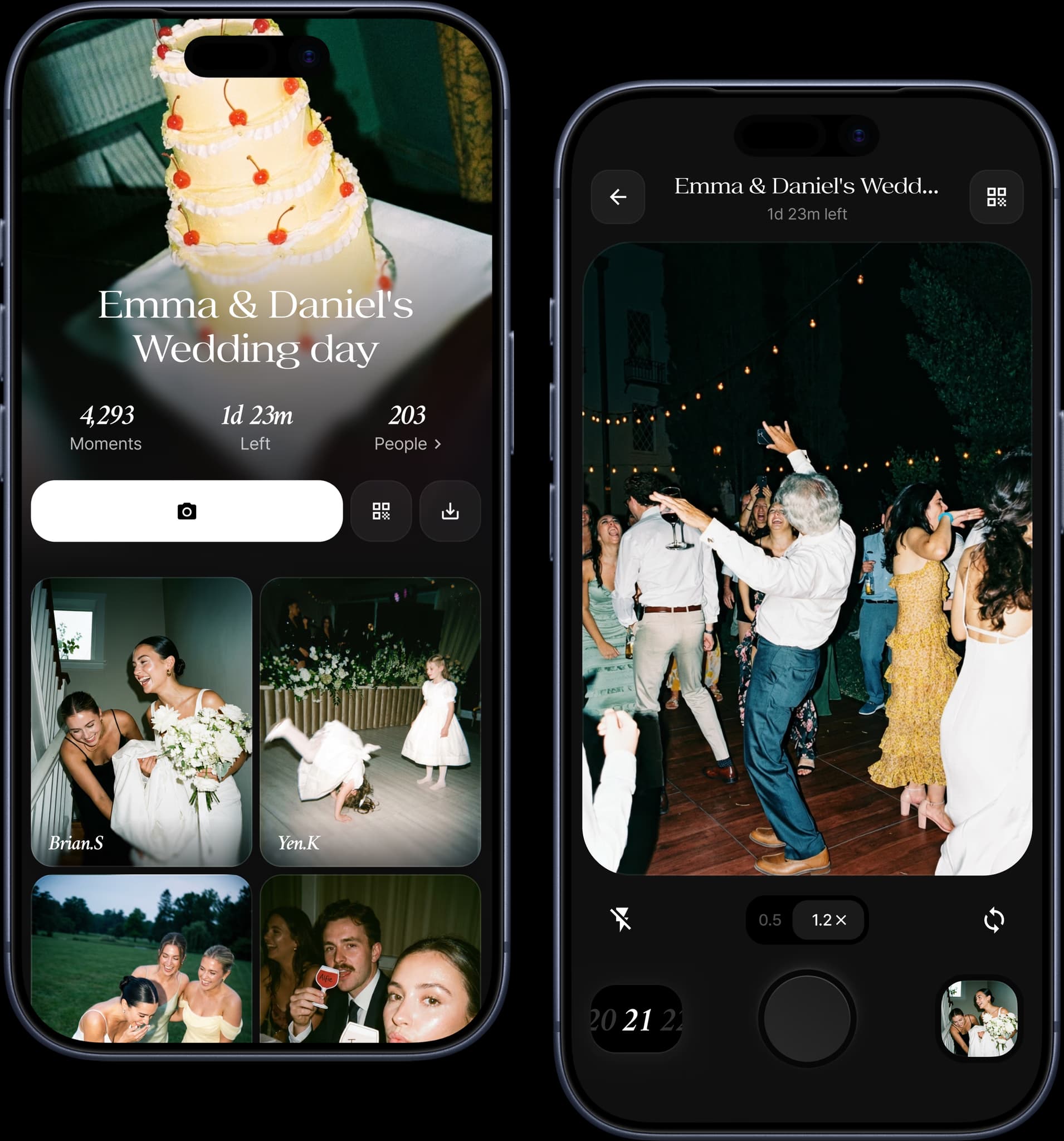 Lensly app showing a shared wedding film with live moments, time left, and people count